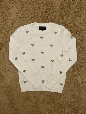 Renwick Tennis Racquet All Over Print Embroidered White Women’s Golf Sweater XS